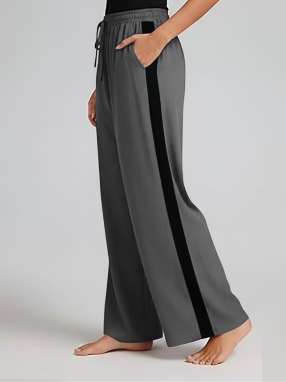 Relaxed Wide-Leg Gray Pants with Black Side Stripe